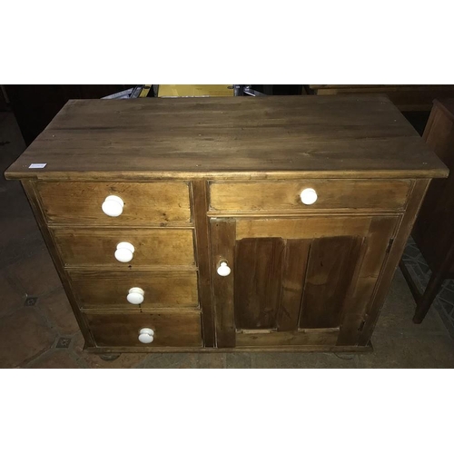 1432 - Pine sideboard cabinet, 5 drawers, 1 cupboard door, pot handles. 107 w x 50 d x 87cms h.