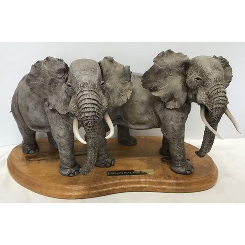 1a - Large pottery figurine, Elephants have the right of way, on wooden base. 22cms h. 42cms w of base.