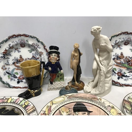 22 - Mixed lot of ceramics, Royal Doulton series plates 27cms w, reproduction art deco figure 21cms h, bi... 