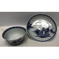Nanking cargo Chinese blue and white Saki cup and saucer, saucer 11.5cms w, cup 4cms h with chips to... 