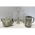 Dudson pottery green jasperware teapot, unmarked jasperware jug and an EPNS 3 branch epergne.