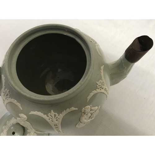 44 - Dudson pottery green jasperware teapot, unmarked jasperware jug and an EPNS 3 branch epergne.