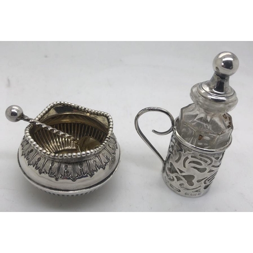 451 - Silver and glass container with spoon, Birmingham 1903 with plated salt and spoon.