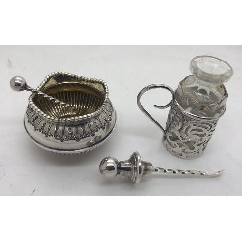 451 - Silver and glass container with spoon, Birmingham 1903 with plated salt and spoon.