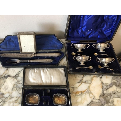 456 - Boxed silver salts & spoons x 2, Birmingham 1915. 16.4gms, plated boxed knife and fork, silver photo... 