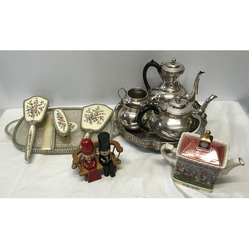 461 - Mixed lot of four pieces of sliver plate tea set and a tray, Sadler novelty teapot, dressing table s... 