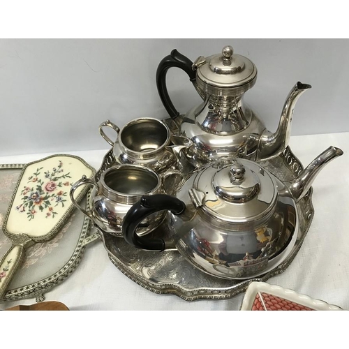 461 - Mixed lot of four pieces of sliver plate tea set and a tray, Sadler novelty teapot, dressing table s... 