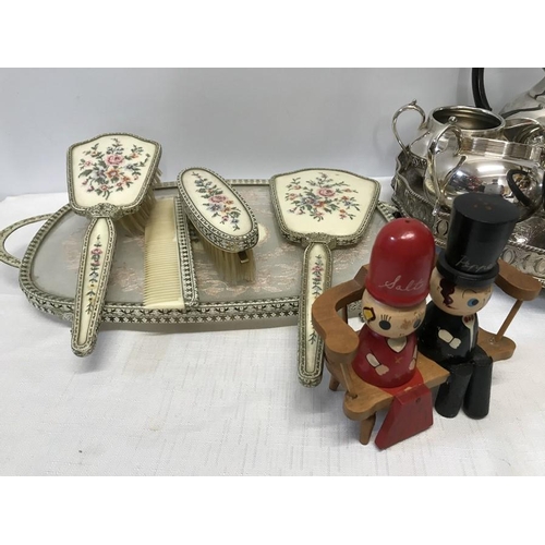 461 - Mixed lot of four pieces of sliver plate tea set and a tray, Sadler novelty teapot, dressing table s... 