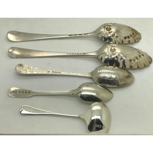 477 - Two Georgian hallmarked silver berry spoons with teaspoon inscribed 'John'. 177.9gms.