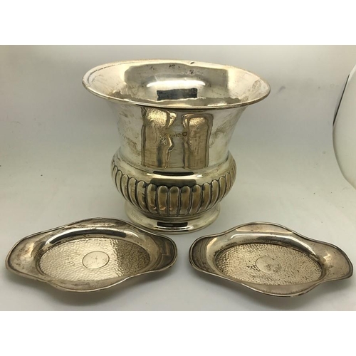 480 - Hallmarked silver plant pot, London 1905 , 12cms h with two pin dishes, Birmingham 1907, maker Lawre... 