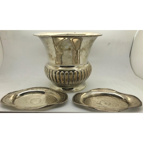 480 - Hallmarked silver plant pot, London 1905 , 12cms h with two pin dishes, Birmingham 1907, maker Lawre... 