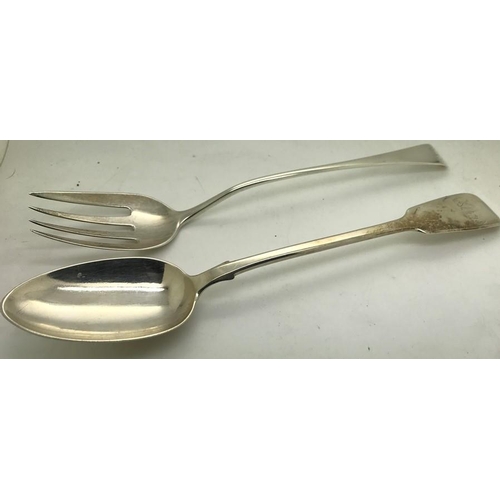 489 - London silver salad fork 1828, 106gms with serving spoon 1838. 140gms both by Thomas Wallis.