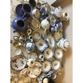 A quantity of 19thC + 20thC miniature ceramic and metal pots, pans, plates etc with ceramic animals,... 