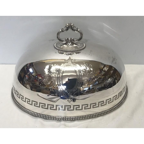 490 - Silver plated meat serving dish dome lid, M H and Co, engraved cartouche to one side with the initia... 