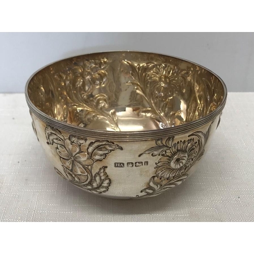 499 - Hallmarked silver small bowl with embossed floral decoration, H.A. Sheffield 1901-2 Harry Aitken. 10... 