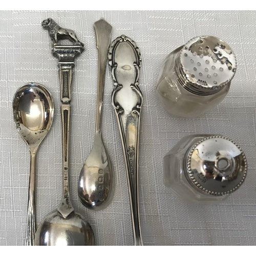 500 - Selection of silver inc small glass silver topped salt and pepper, Michigan spoon, condiment spoon, ... 