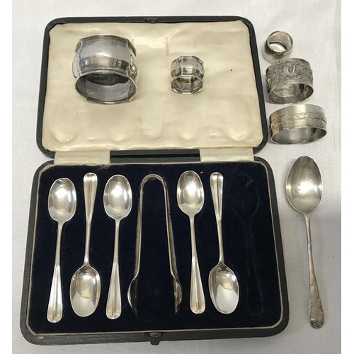 505 - Hallmarked silver spoons part set, one other spoon weighing approx 95gms, also 5 white metal napkin ... 