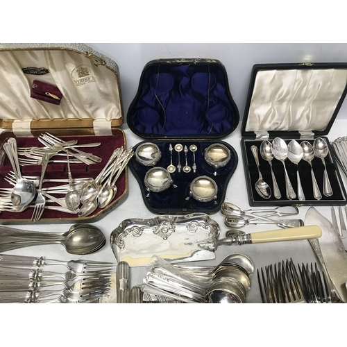 507 - Quantity of silver plated cutlery and table ware, cased set of  salts, nutcrackers, cake server etc.