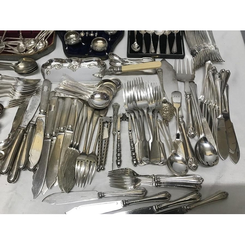 507 - Quantity of silver plated cutlery and table ware, cased set of  salts, nutcrackers, cake server etc.