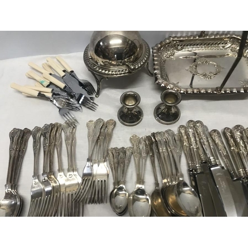 508 - Selection of silver plate, Kings pattern cutlery, folding handle dish, dwarf candlesticks and a muff... 