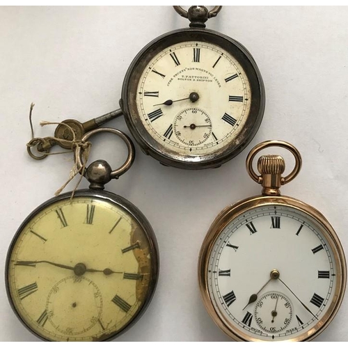 539 - Three pocket watched to include 2 silver cased T. Fattorini without glass, gold plated A.W.C co case... 