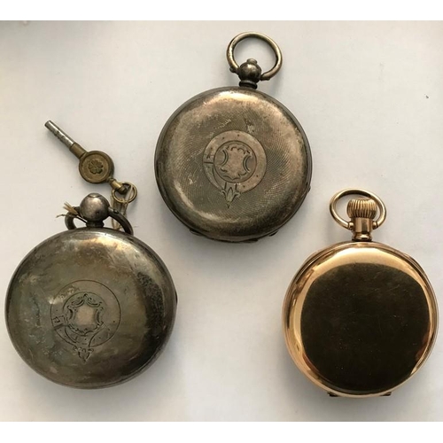 539 - Three pocket watched to include 2 silver cased T. Fattorini without glass, gold plated A.W.C co case... 