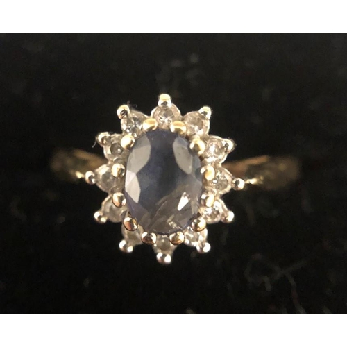 570 - Aquamarine and diamond ring, 18ct yellow gold, size J. 2.8gms.