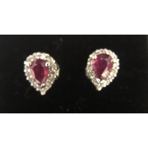 582 - Ruby and diamond pear shaped cluster earrings in 18ct white gold, 2.3gms.