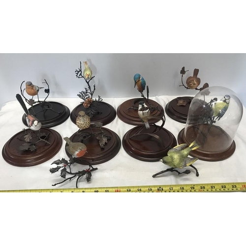 65 - Coalport British Wild Birds collection, hand painted on metal bronze effect twigs, eight with wood b... 