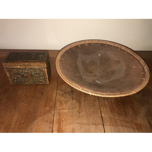 71 - Pottery and straw dish with Italian leather cigarette dispenser.