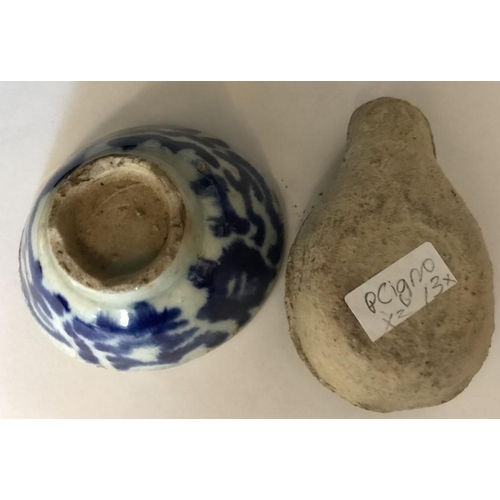 72 - Blue and white ceramic dish 6.5cm d, together with a Roman oil lamp.