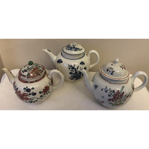 77 - Three 18th century English porcelain teapots, one possibly Liverpool, one with crescent mark with as... 