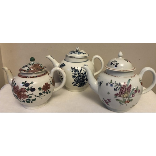 77 - Three 18th century English porcelain teapots, one possibly Liverpool, one with crescent mark with as... 