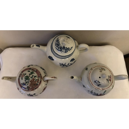 77 - Three 18th century English porcelain teapots, one possibly Liverpool, one with crescent mark with as... 