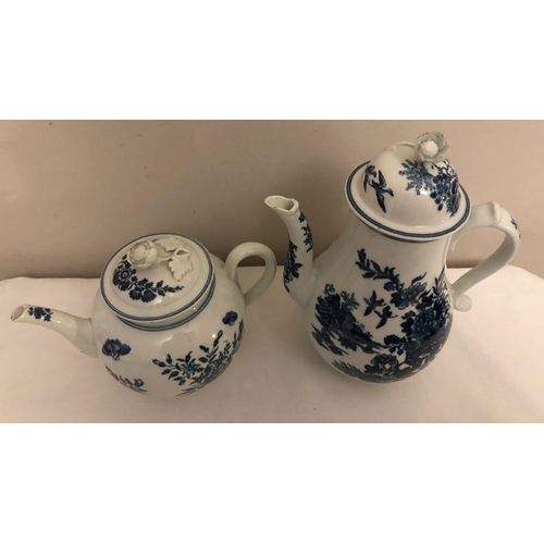 78 - 18th century Worcester coffee pot, 23cm h and teapot both with blue crescent marks.