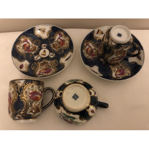 80 - Two coffee cans and saucers and a tea cup scale blue with exotic birds probably Samson late 19th cen... 