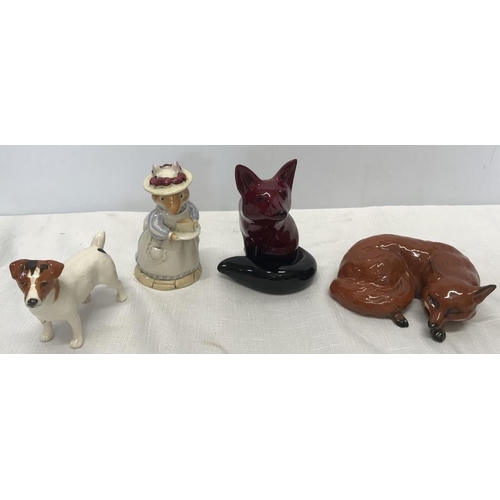 85 - Royal Doulton Flambé Fox, seated 10.5cms h, Beswick sleeping fox, Royal Doulton Brambly Edge Mrs Mar... 