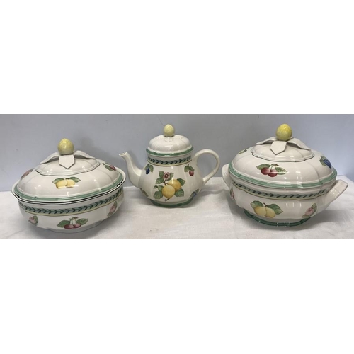 91 - Villeroy and Boch pair of lidded serving bowls and a teapot, French Garden Fleurence design.