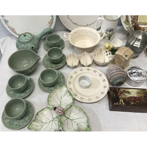 95 - Mixed lot of mainly ceramics including Japanese tea set, Royal Worcester cake plates, Leeds creamwar... 