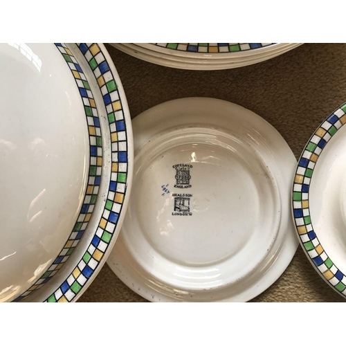 97 - Copeland Spode dinner ware made for Heals of London, multi colour check pattern border. 51 pieces.