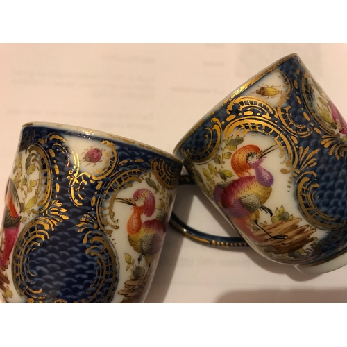 80 - Two coffee cans and saucers and a tea cup scale blue with exotic birds probably Samson late 19th cen... 