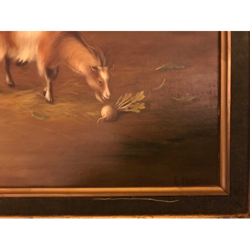 1240 - Edgar Hunt 1876-1953. Oil on canvas stable scene, horse, donkey, goat and chickens signed E. Hunt 19... 