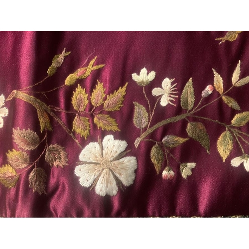 104 - Textiles to include two 19thC hand embroidered silk table covers 49 x 96cms, an embroidered cushion ... 