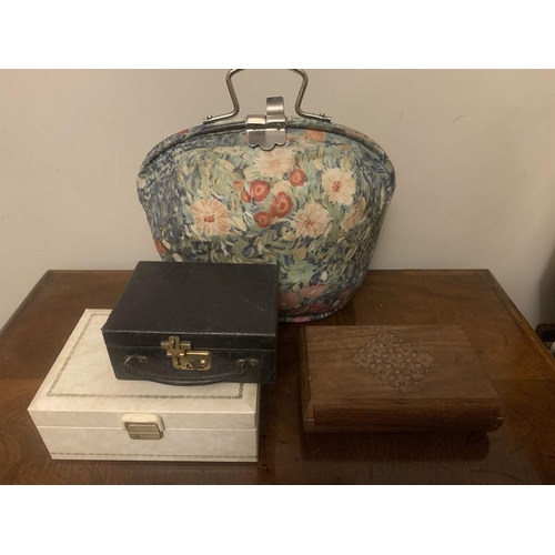 107 - Vintage tea cosy, two jewellery boxes and an Indian wooden box.