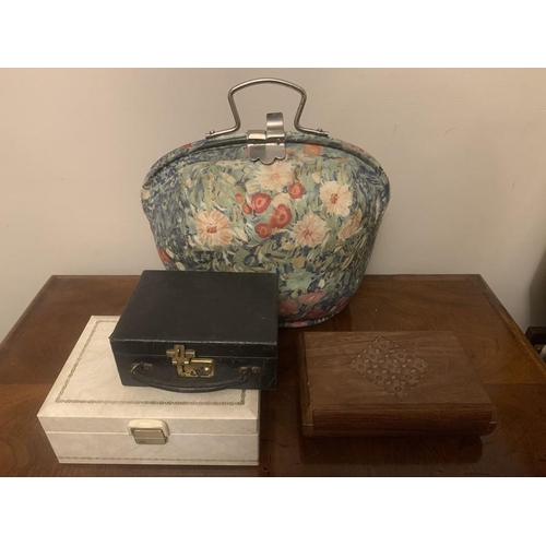 107 - Vintage tea cosy, two jewellery boxes and an Indian wooden box.