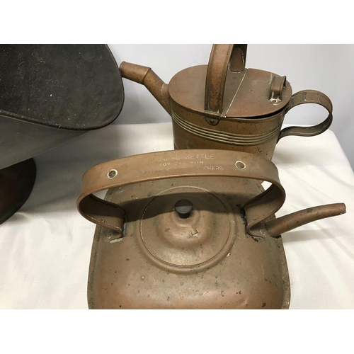 1083 - Copper Ware, Coal helmet 42cms h, square copper kettle 22cms square and a small brass watering can.