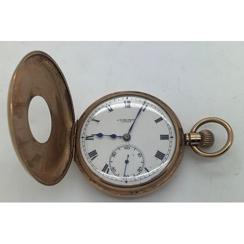 111 - A 9ct gold half hunter pocket watch J W Benson, London, 4.75cms d approx, 95.7gms total weight.