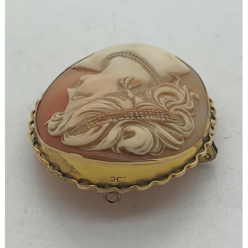 114 - Shell cameo brooch of a female head mounted in 9ct gold, 4.5 x 3.5cms, 11.7gms total weight.