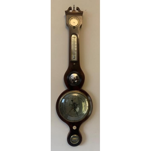 1154 - A 19 thC mahogany 5 dial mercurial banjo barometer, 20 cm silvered circular dial, the case with open... 