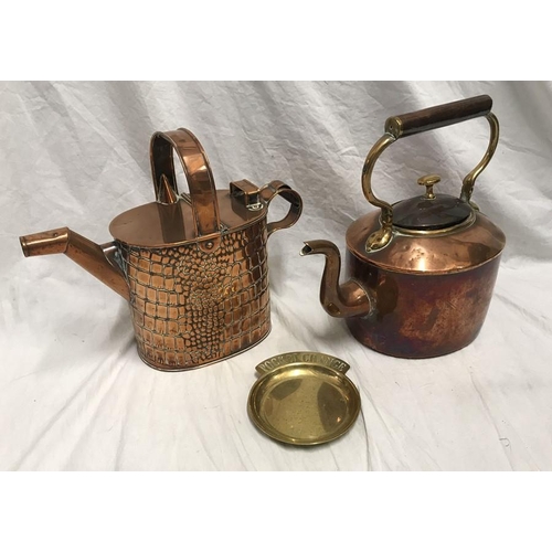 1164 - Copper kettle with brass handle 30cms h, copper watering can size 5 and a brass dish, Pocket Change.